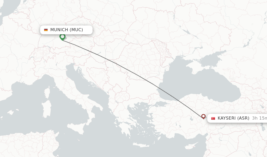 Flights from Munich to Kayseri route map