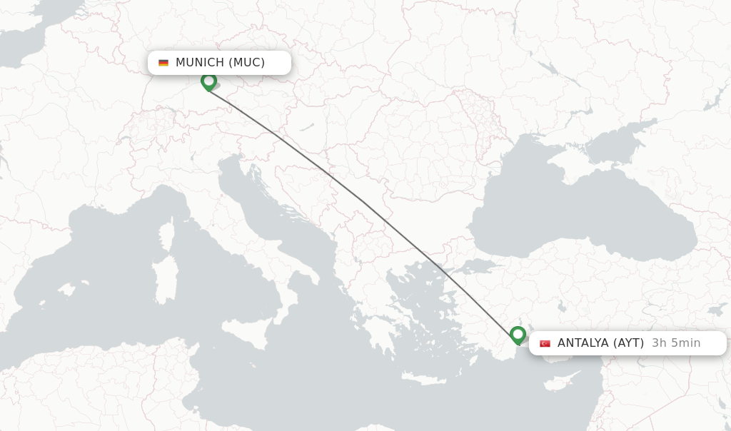 Flights from Munich to Antalya route map