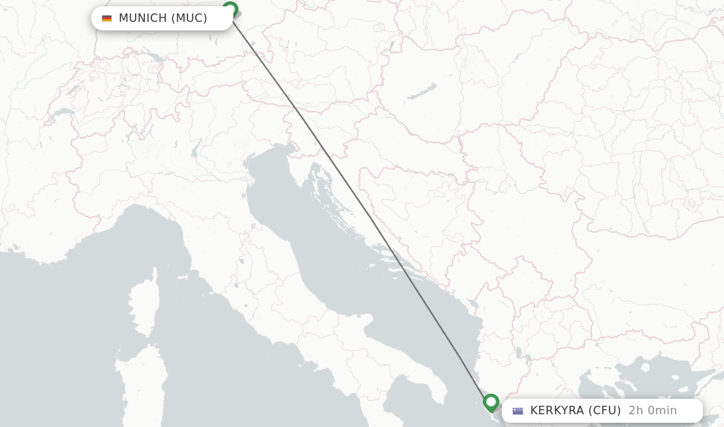 Flights from Munich to Kerkyra route map