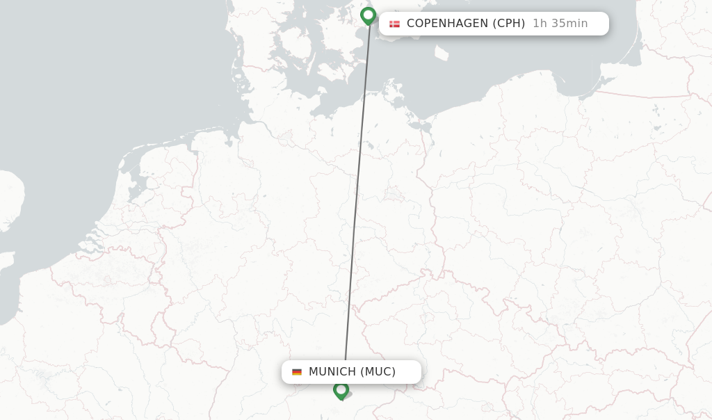 Flights from Munich to Copenhagen route map
