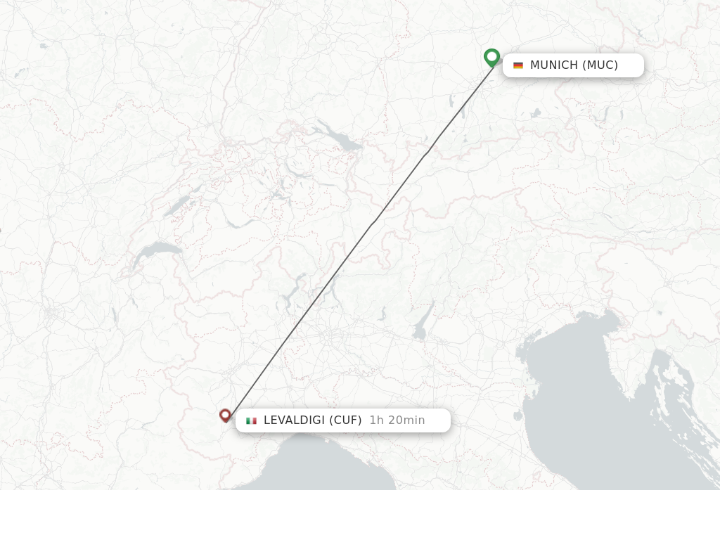 Flights from Munich to Cuneo route map