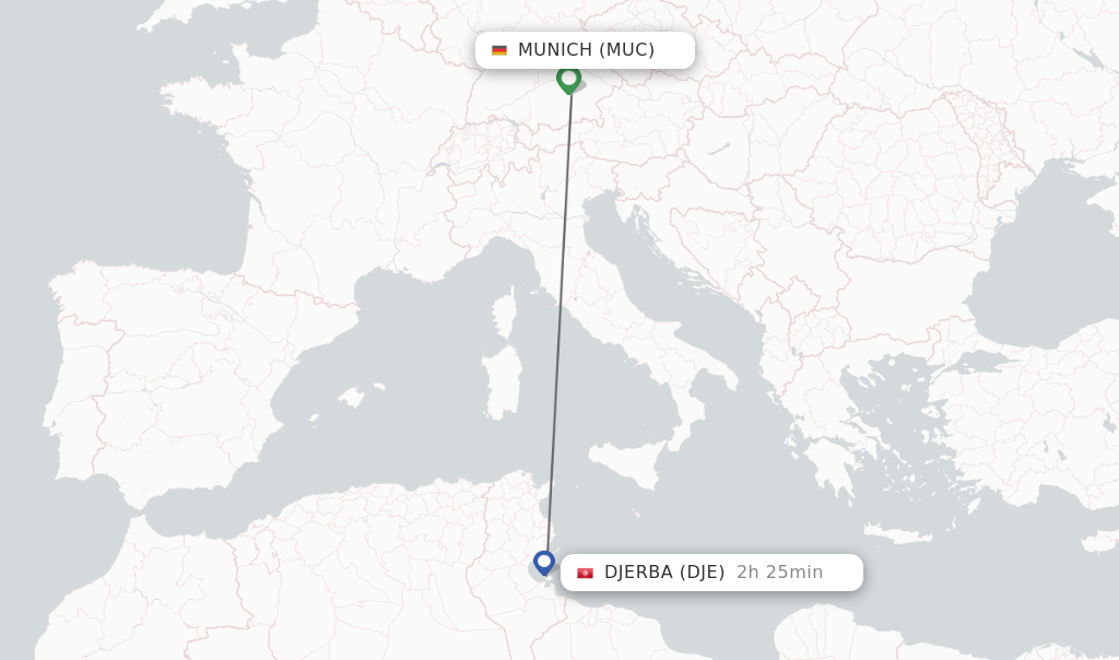 Flights from Munich to Djerba route map