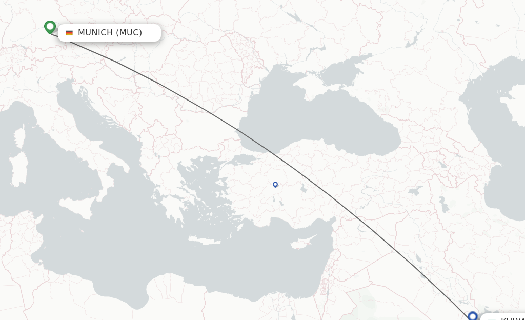 Flights from Munich to Kuwait route map