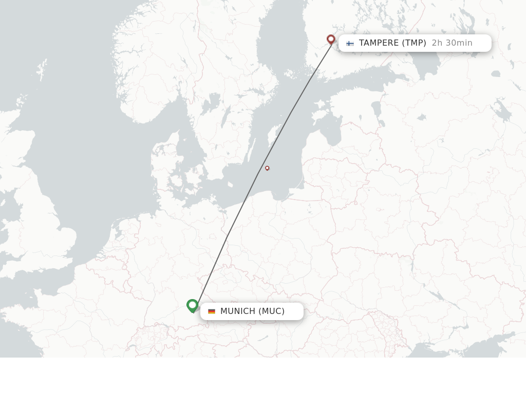Flights from Munich to Tampere route map