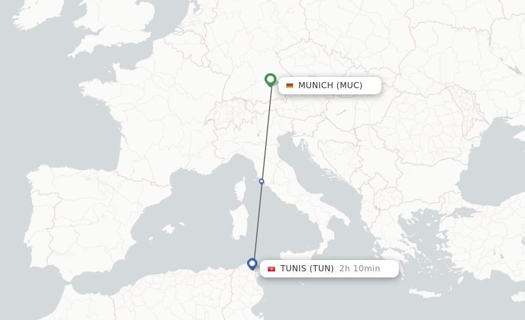 Flights from Munich to Tunis route map