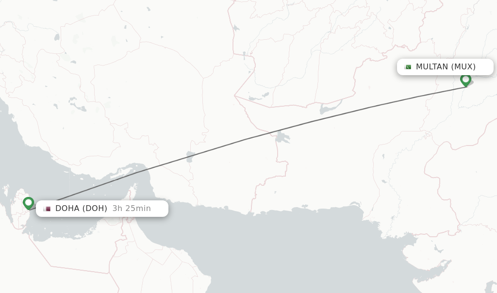 Flights from Multan to Doha route map