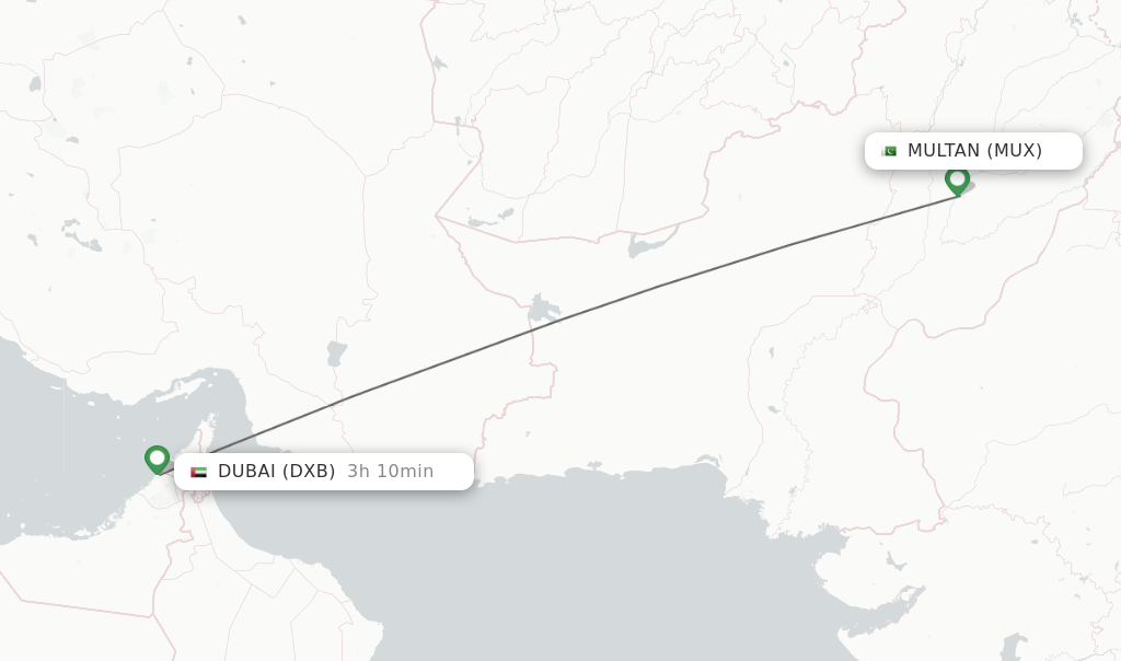 Flights from Multan to Dubai route map