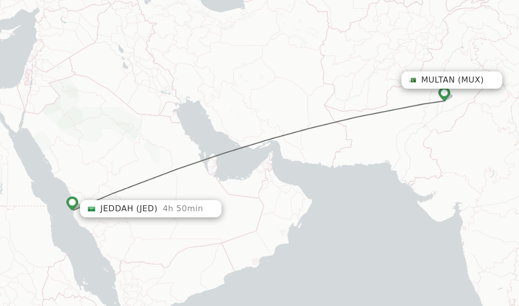 Flights from Multan to Jeddah route map