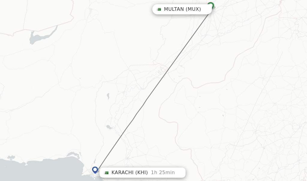 Flights from Multan to Karachi route map