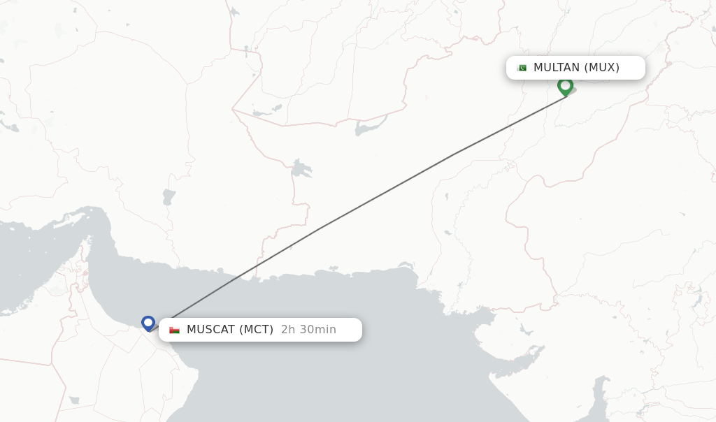 Flights from Multan to Muscat route map