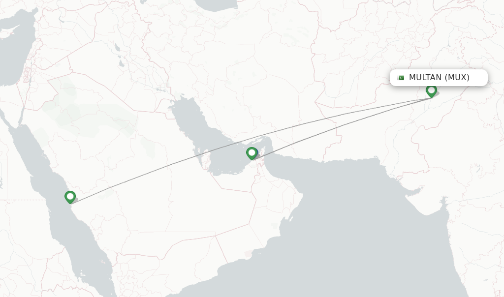 Route map with flights from Multan with Airblue