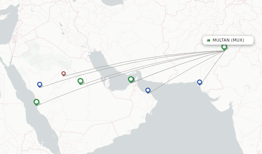 Route map with flights from Multan with PIA
