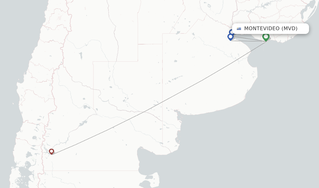 Route map with flights from Montevideo with Aerolineas Argentinas
