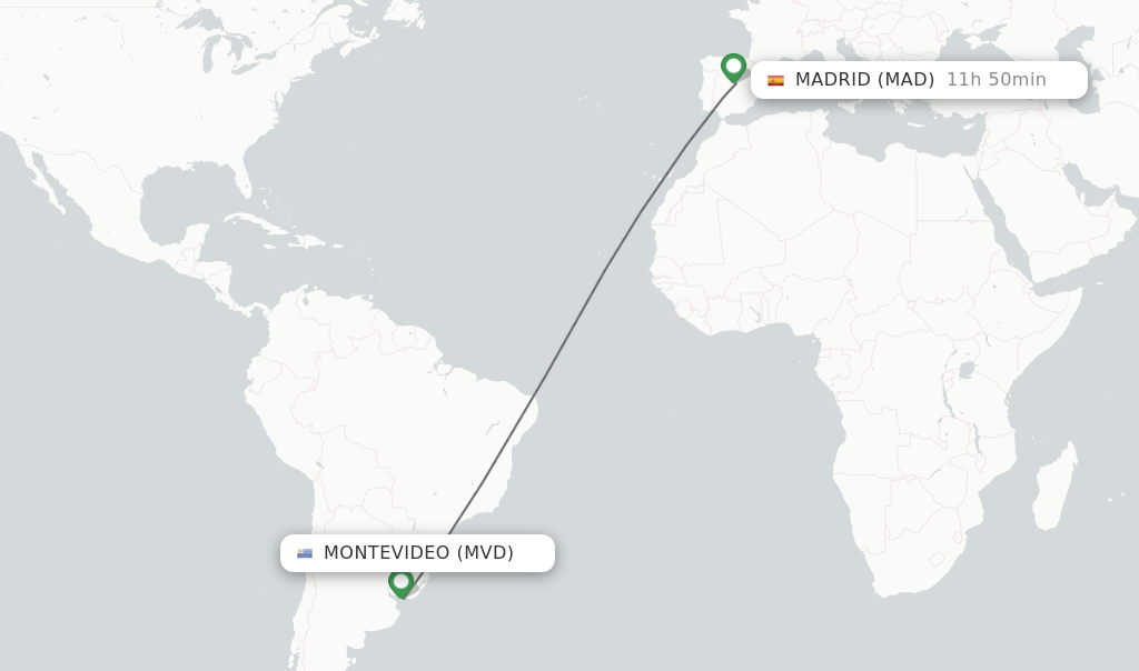 Flights from Montevideo to Madrid route map