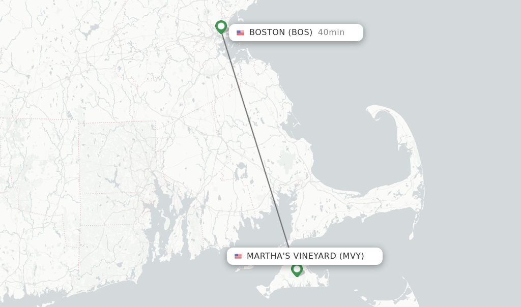 Flights from Martha's Vineyard to Boston route map