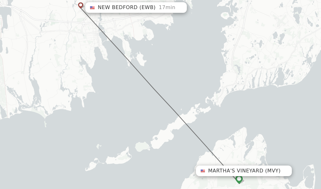 Flights from Martha's Vineyard to New Bedford route map