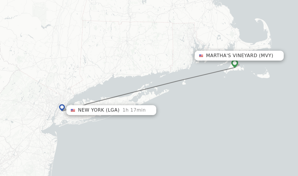 Flights from Martha's Vineyard to New York route map
