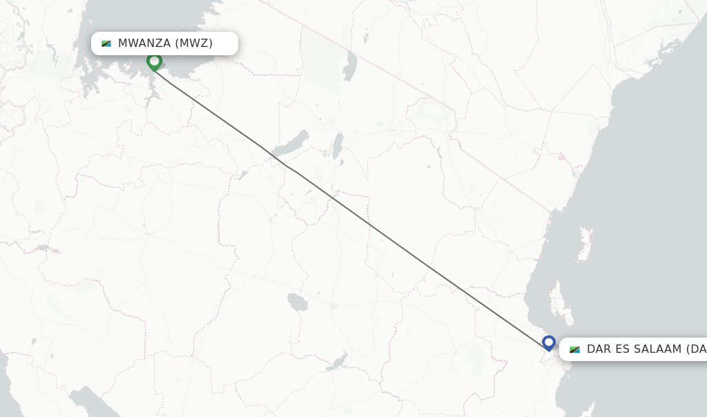 Flights from Mwanza to Dar Es Salaam route map