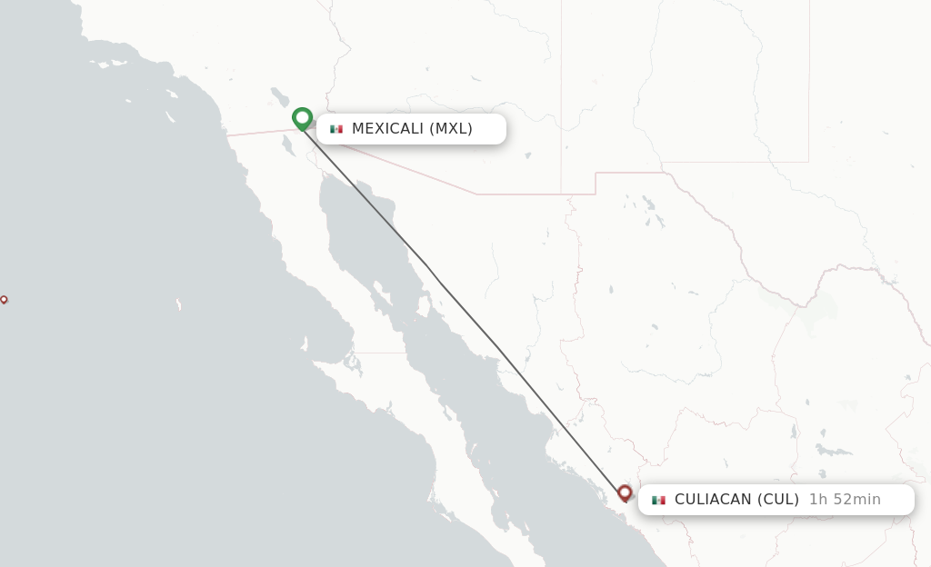Flights from Mexicali to Culiacan route map