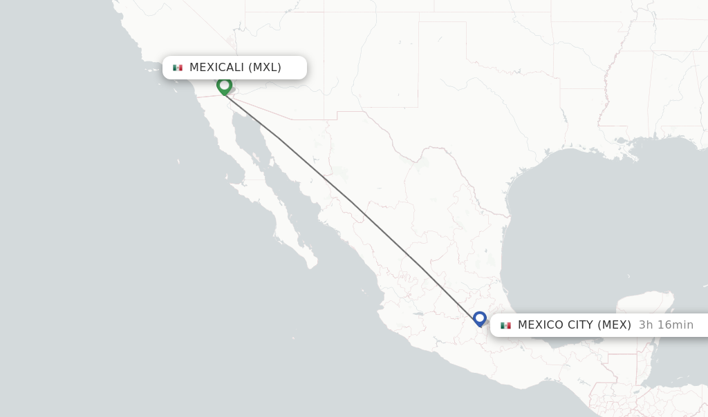Flights from Mexicali to Mexico City route map