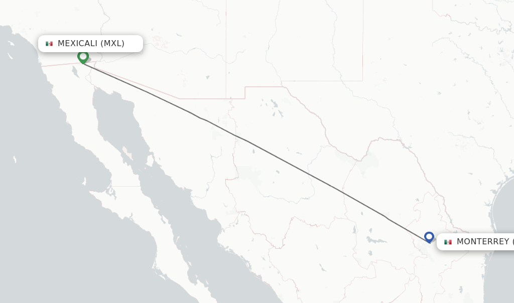 Flights from Mexicali to Monterrey route map
