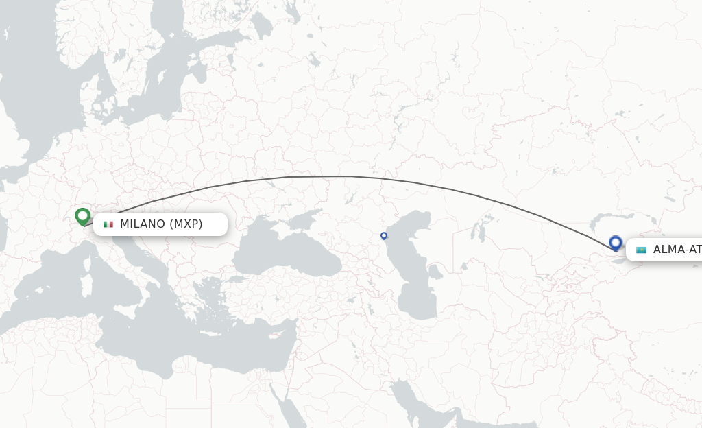 Flights from Milan to Almaty route map