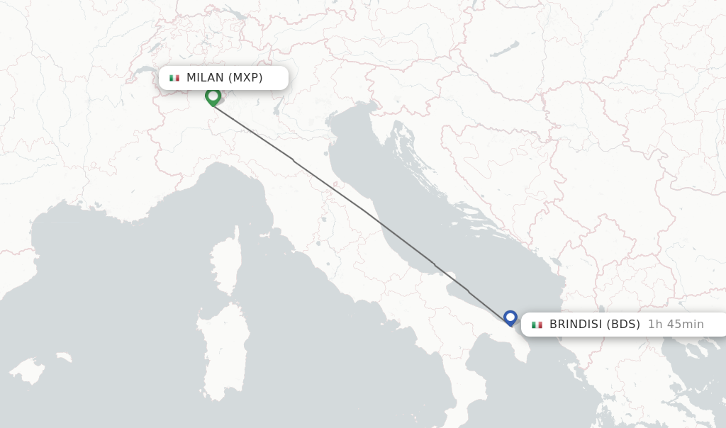 Flights from Milan to Brindisi route map