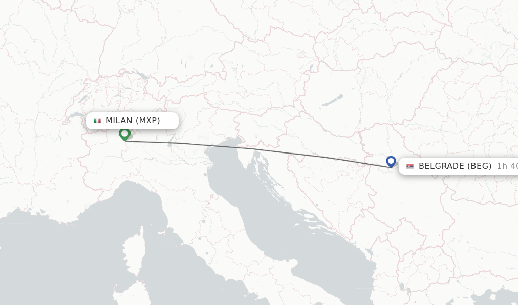 Flights from Milan to Belgrade route map