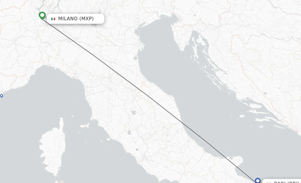 Flights from Milan to Bari route map