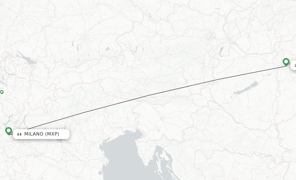 Flights from Milan to Budapest route map