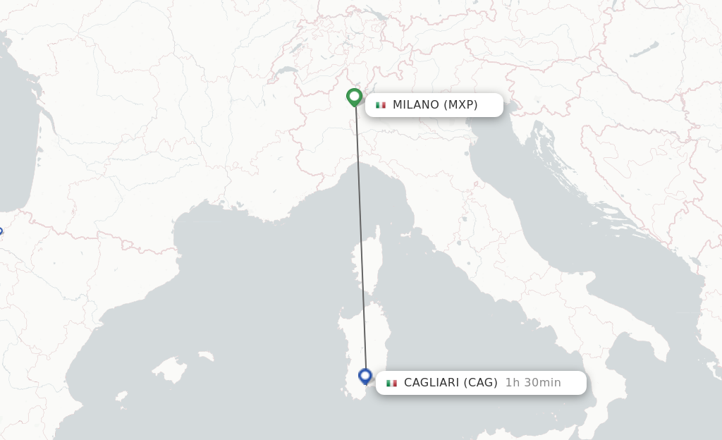Flights from Milan to Cagliari route map