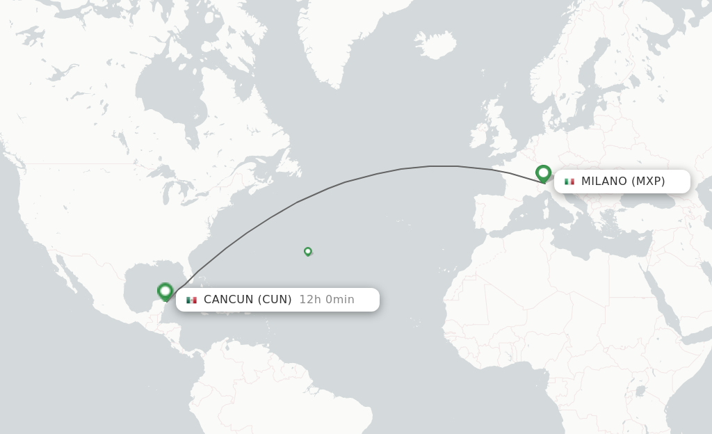 Flights from Milan to Cancun route map