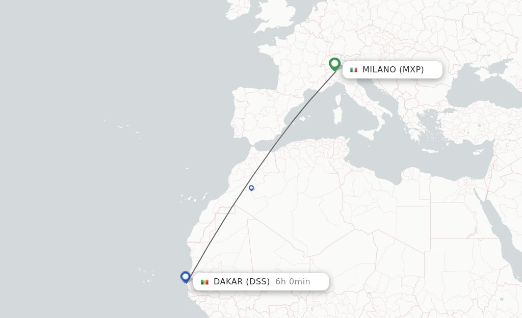 Flights from Milan to Dakar route map