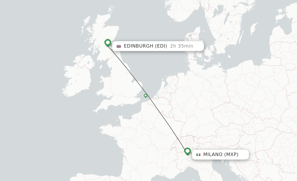 Flights from Milan to Edinburgh route map