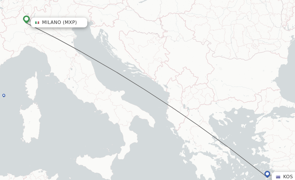 Flights from Milan to Kos route map
