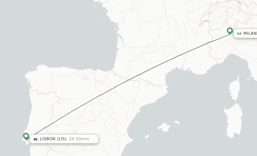 Flights from Milan to Lisbon route map