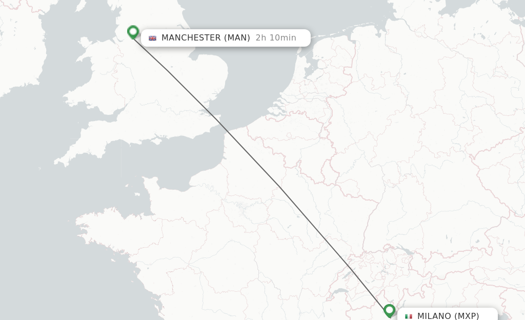 Flights from Milan to Manchester route map