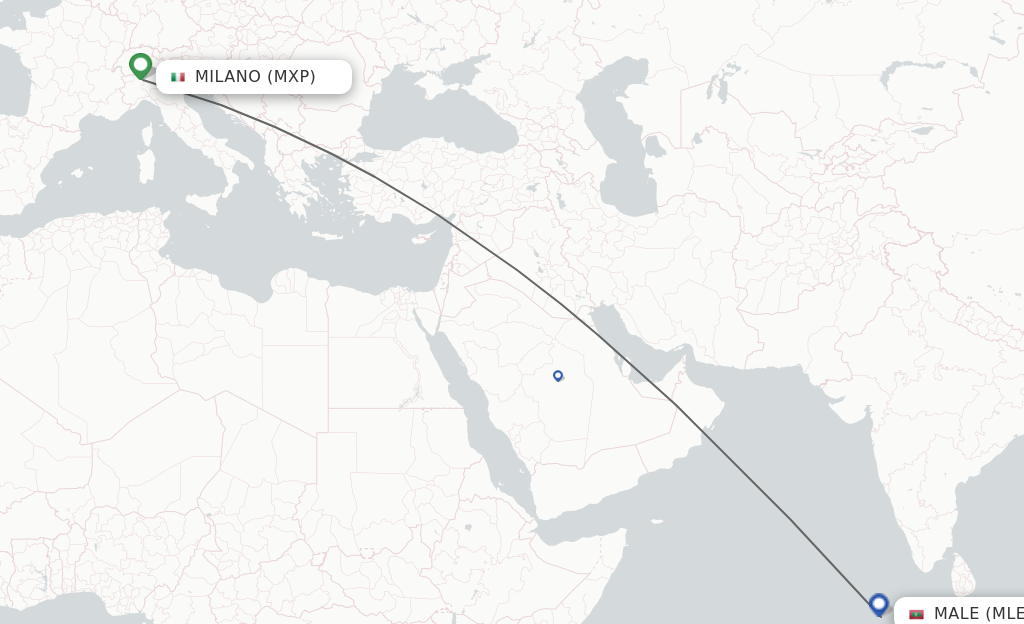 Flights from Milan to Male route map