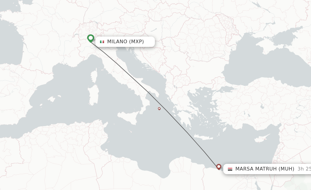 Flights from Milan to Mersa Matruh route map