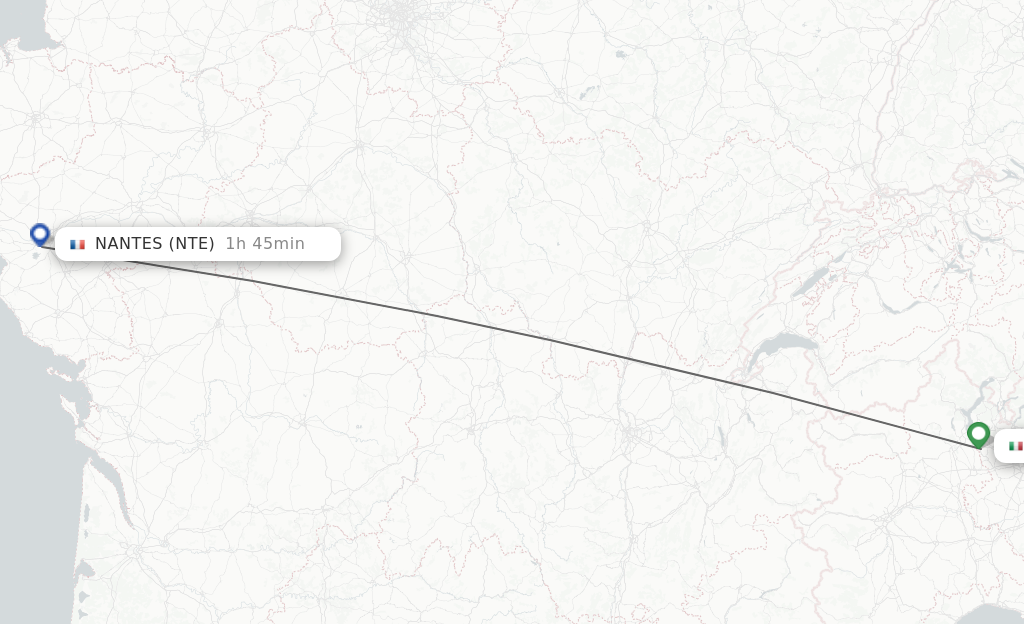 Flights from Milan to Nantes route map