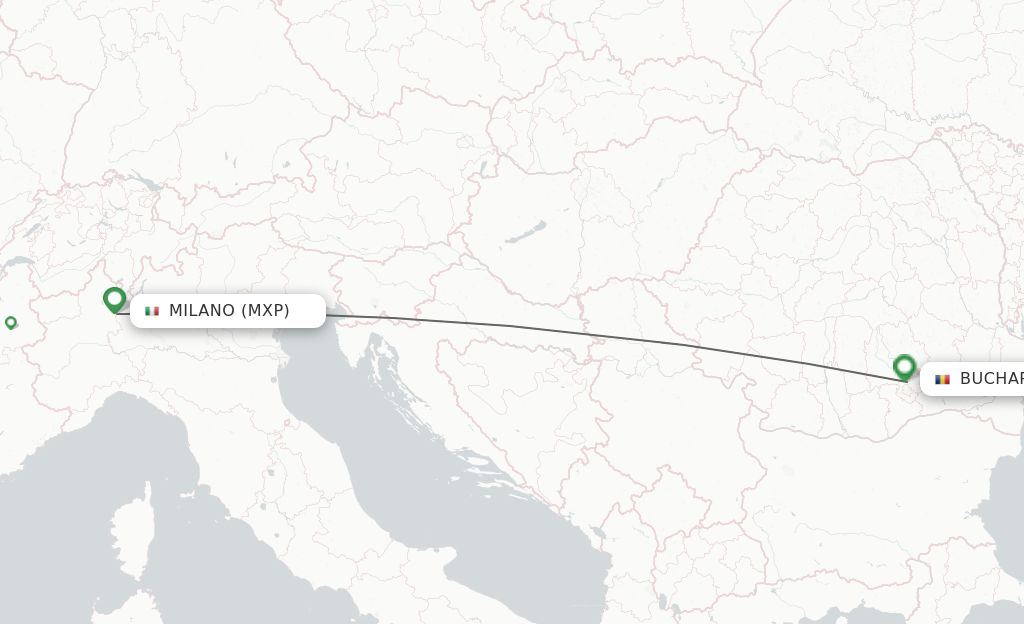 Flights from Milan to Bucharest route map
