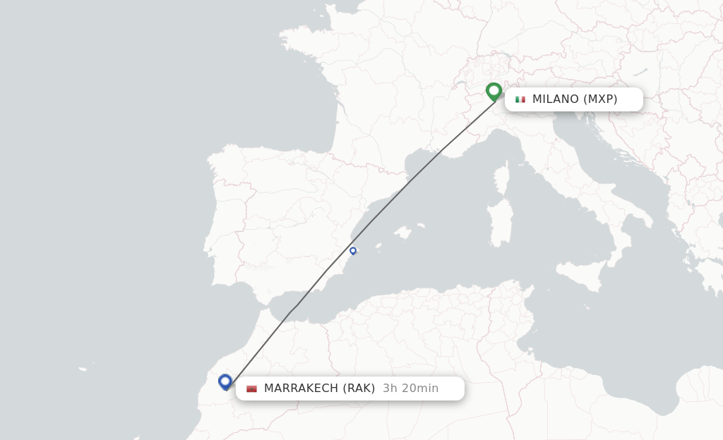 Flights from Milan to Marrakech route map