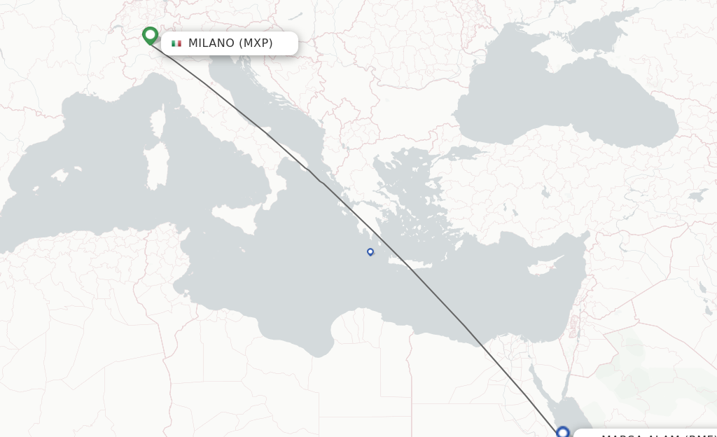 Flights from Milan to Marsa Alam route map