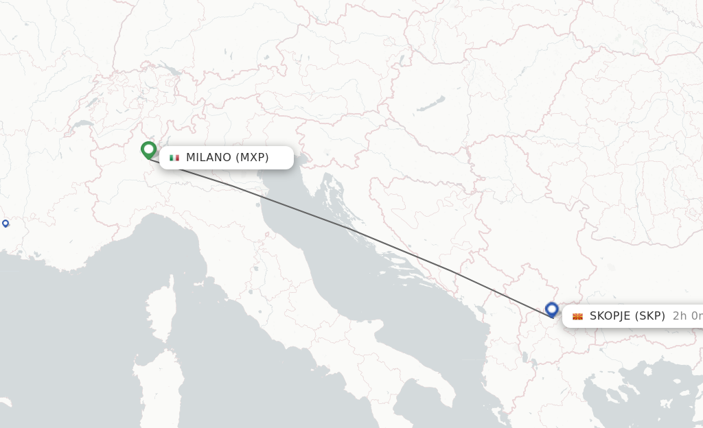 Flights from Milan to Skopje route map
