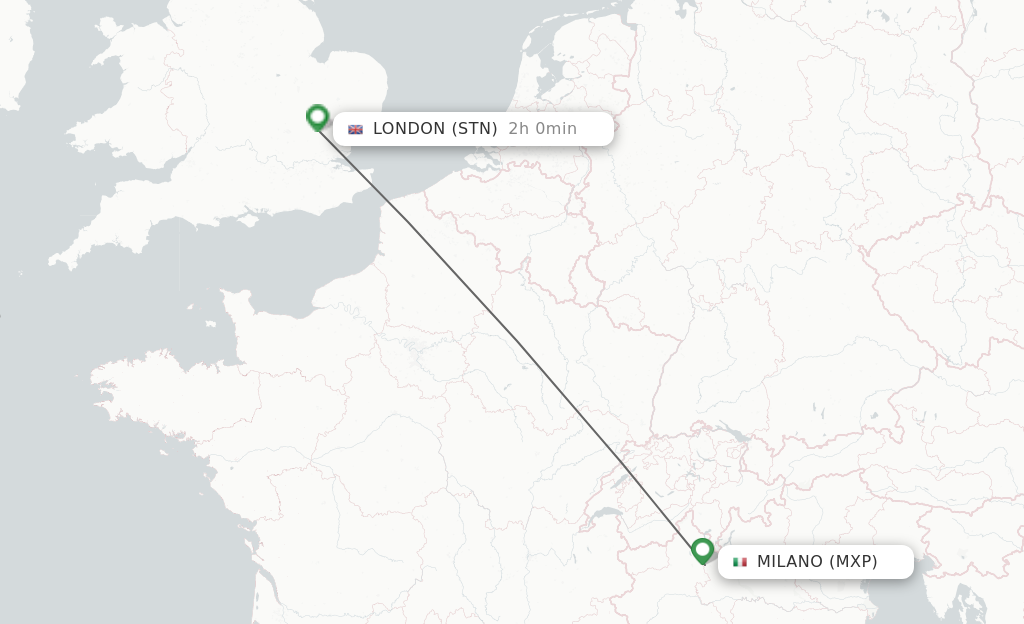 Flights from Milan to London route map