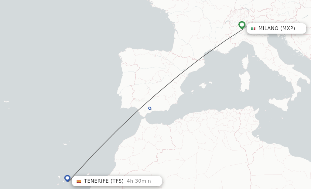 Flights from Milan to Tenerife route map