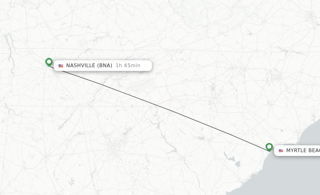 Flights from Myrtle Beach to Nashville route map