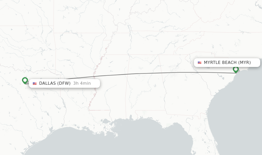 Flights from Myrtle Beach to Dallas route map