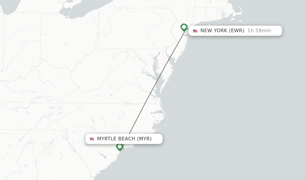 Flights from Myrtle Beach to New York route map