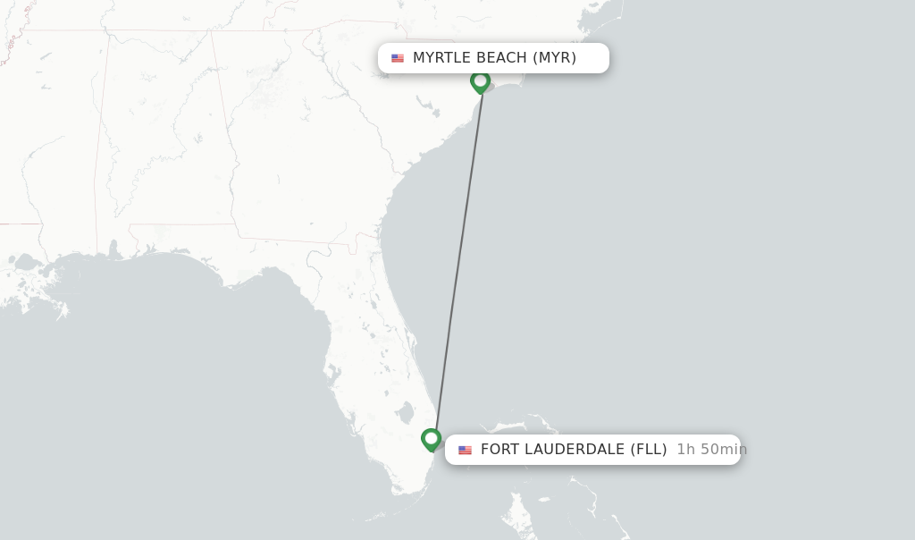 Flights from Myrtle Beach to Fort Lauderdale route map